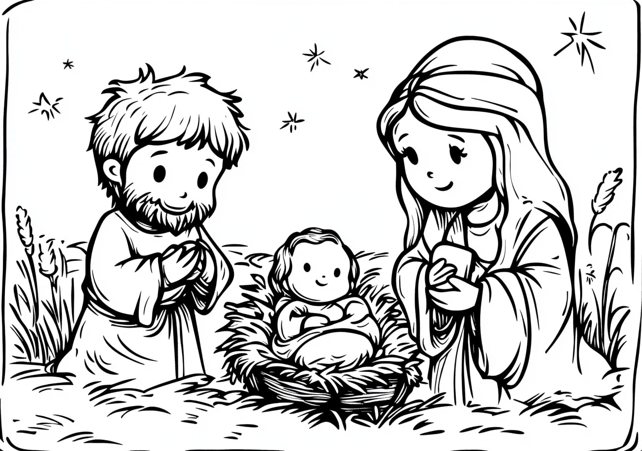 Jesus Is Born Coloring Pages, Jesus is born with the Holy Family in a nativity scene