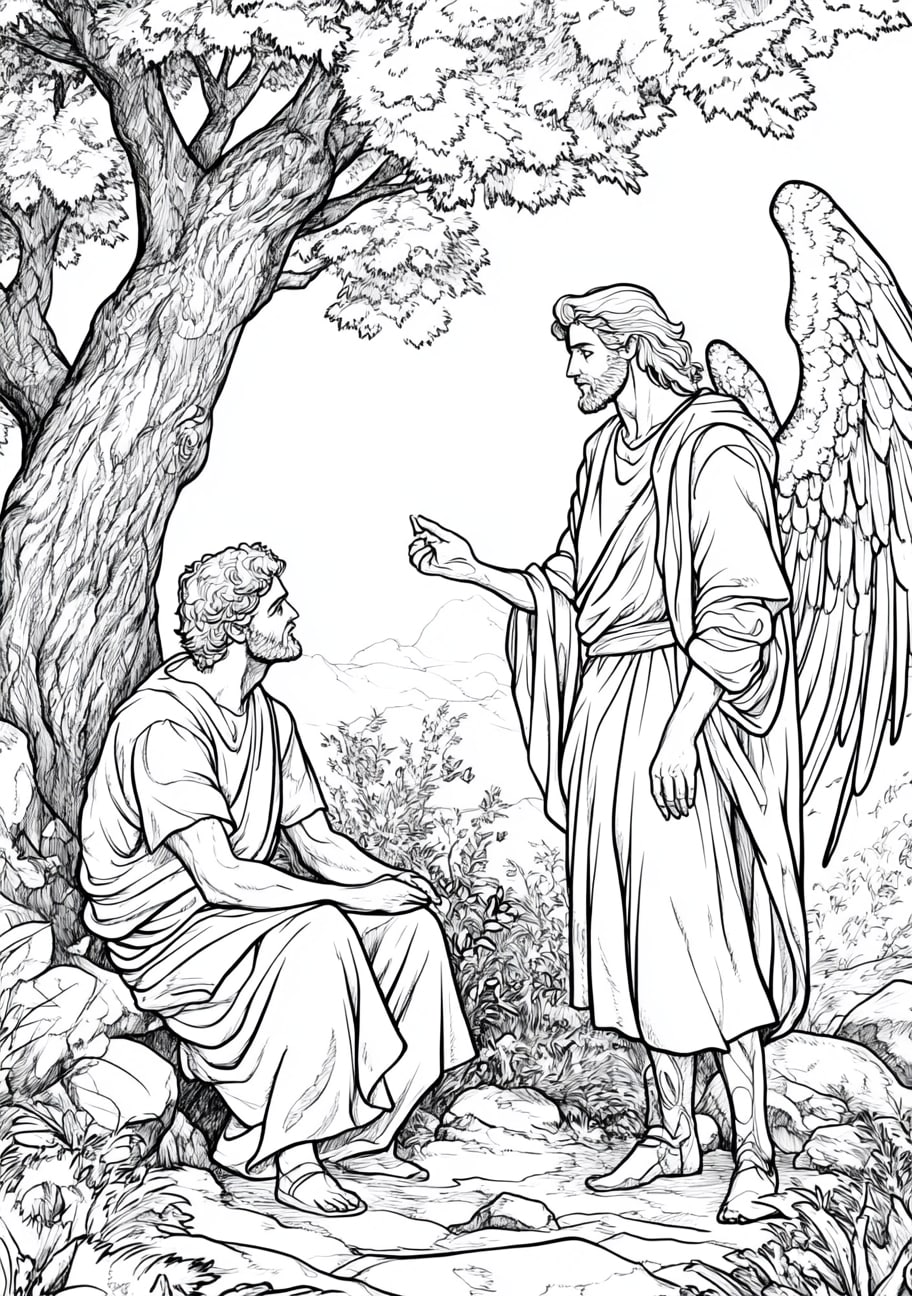 Judge Gideon Coloring Pages, Gideon called by the angel under the oak tree