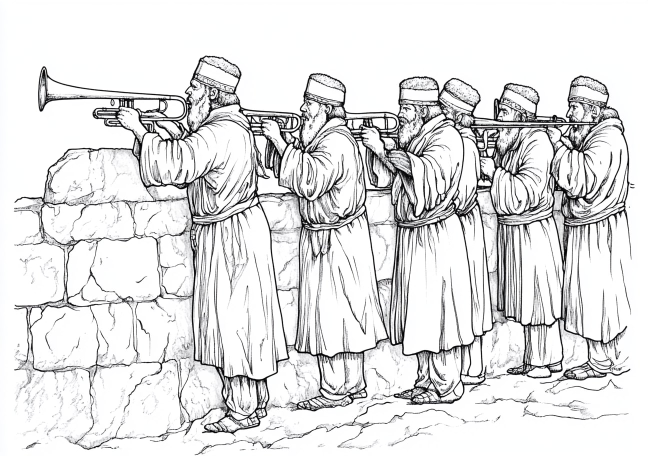 Walls Of Jericho Coloring Pages, The trumpets of the priests sounding loudly on wall