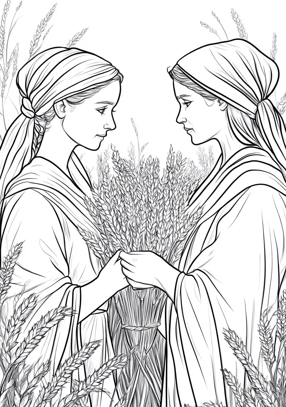 Ruth and Naomi Coloring Pages, Ruth and Naomi with the harvested grain