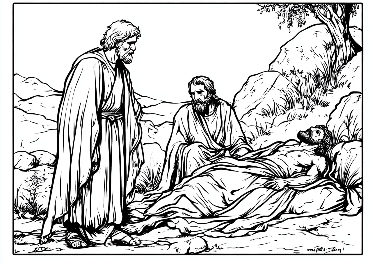 The Good Samaritan Coloring Pages, The priest and Levite passing by the injured man