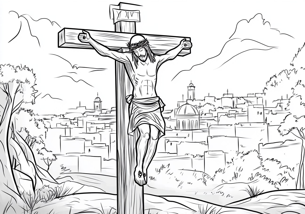 Jesus On Cross Coloring Pages, Jesus on the cross with a backdrop of Jerusalem