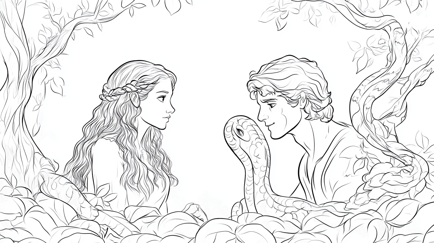 Adam and Eve Coloring Pages, Adam and Eve tempted by the serpent