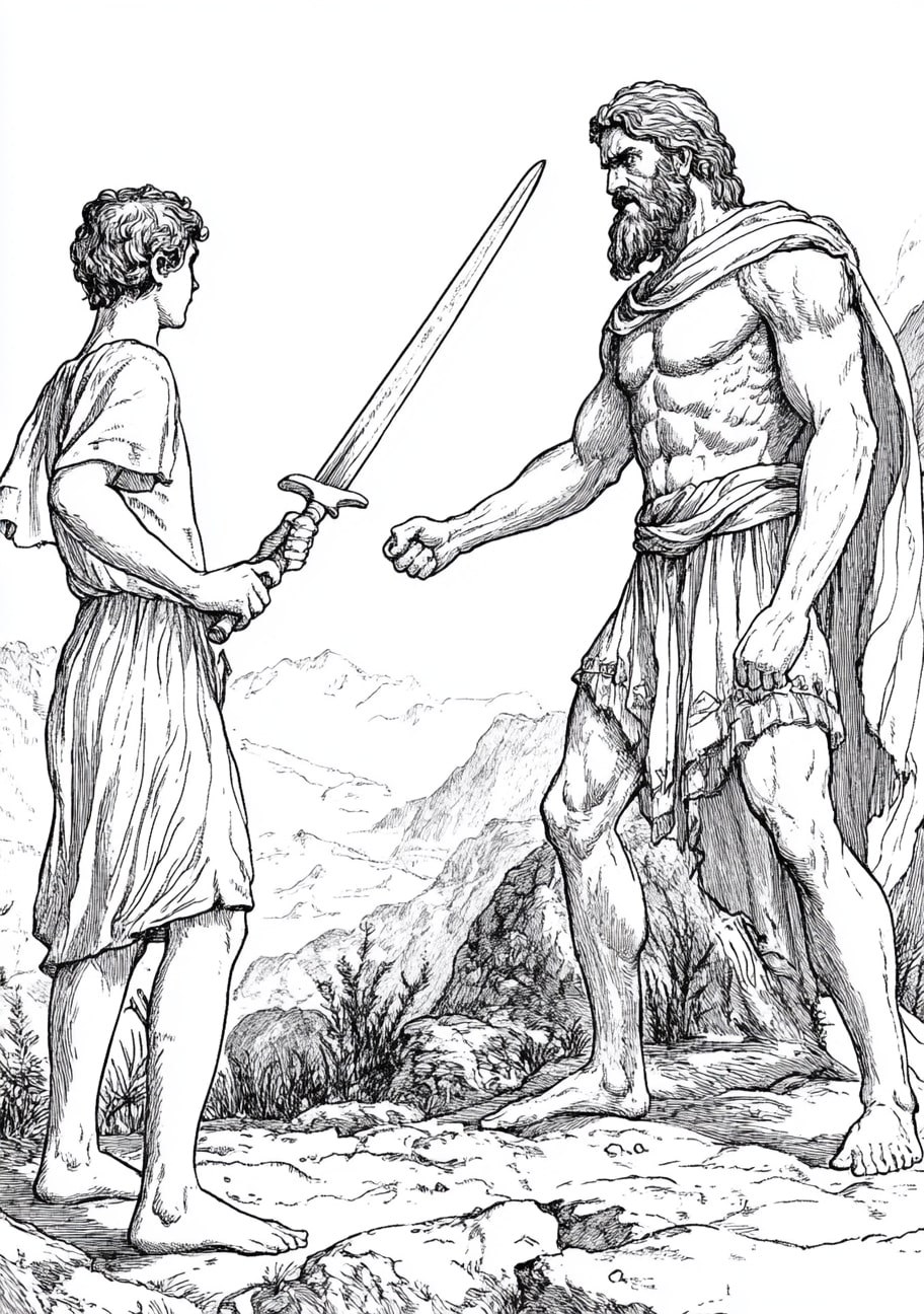 David and Goliath Coloring Pages, David striking Goliath with the stone